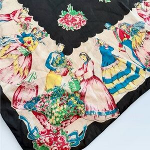Vintage Floral and Figurative Silk  Scarf with Vtg Men and Women